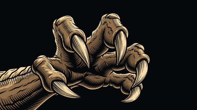 A fearsome brown monster claw with incredibly sharp talons reaching forward, depicted with a textured, detailed style against a dark black background.