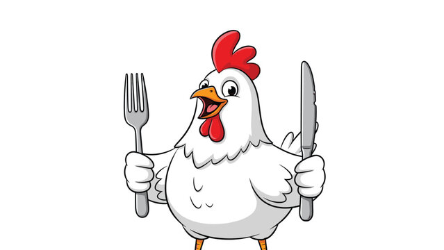 A very hungry and cheerful cartoon chicken standing upright and excitedly holding a fork and knife, ready to eat.