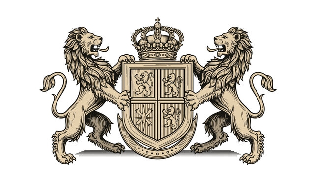 A regal heraldic coat of arms featuring two majestic lions rampant, holding a detailed shield and a grand crown, in vintage engraving style.