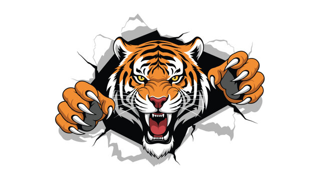 A ferocious and angry tiger head with sharp claws bursts aggressively through a torn paper hole, showcasing its raw power.