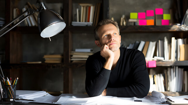 Man in deep thought at desk symbolizing luxury, elegance, and premium quality