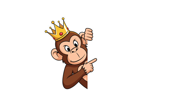 A cute and mischievous cartoon monkey wearing a golden crown, peeking from the side and pointing a finger to an unseen element.