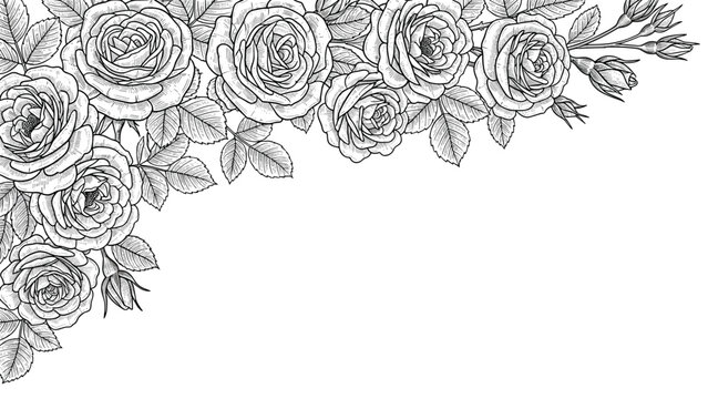 An elegant corner frame arrangement of beautifully detailed rose flowers, buds, and leaves, rendered in a delicate black and white line art style.