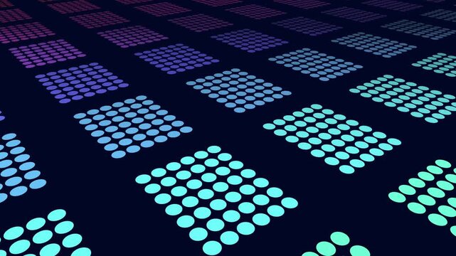 Abstract footage of repeating dotted square tiles in a colorful gradient on dark background, shown in perspective for modern tech, data, and digital backdrop use