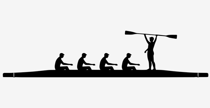 Rowing team silhouette with leader holding oar representing teamwork, synchronization and corporate leadership.