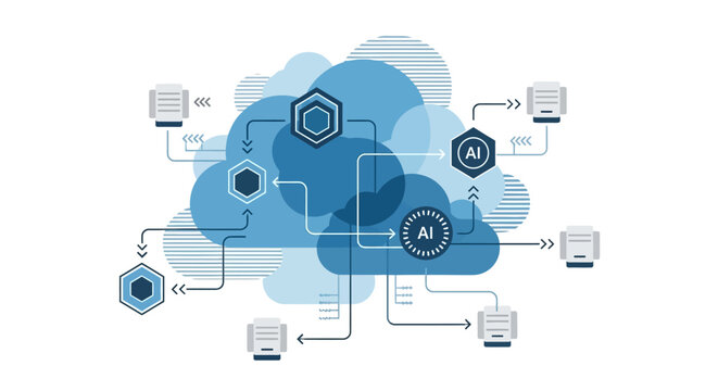Cloud computing network infrastructure with AI icons and documents flowchart