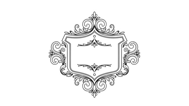 Elegant vintage engraving of an ornate blank shield or decorative frame, featuring intricate scrolls and flourishes, ideal for monograms or text.