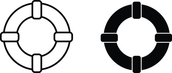 Minimalist lifebuoy icons set, black and white nautical life ring vector illustrations, marine safety equipment symbols for maritime rescue and beach security © Najma