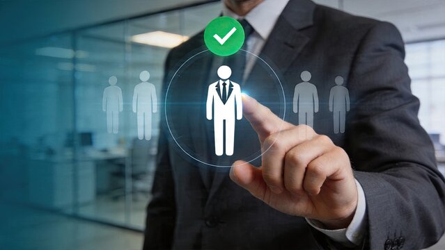 Businessman selecting approving human resource candidates with digital interface icon hiring staff for company recruitment process and management team selection in modern office