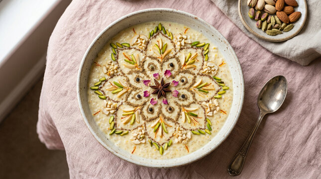 Close-up shot of kheer with nuts garnish pettren, soft pastel background 