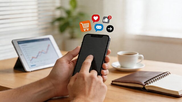 Business man using digital mobile phone app for online marketing advertising social media interaction ecommerce shop cart icon email message bubble chat notification like thumb up