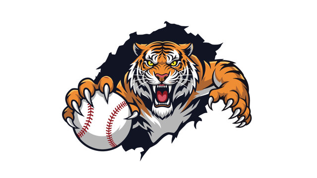 Ferocious tiger mascot bursting through a torn background, aggressively holding a baseball, ideal for sports teams or branding.