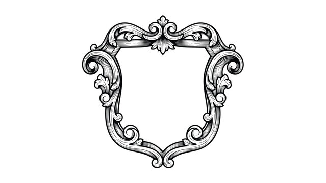 Elegant vintage engraving of an ornate shield-shaped frame, featuring intricate scrolls and floral flourishes, ideal for monograms or emblems.