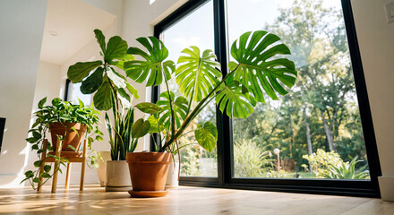 Fototapeta premium Low angle view of lush indoor plants in terracotta pots by a large bright window in a modern home