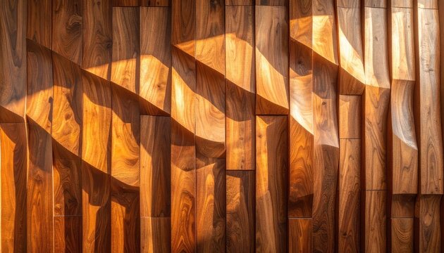 Sunlight casts dramatic shadows across a textured wooden wall, highlighting the intricate patterns and warm tones of the natural material.
