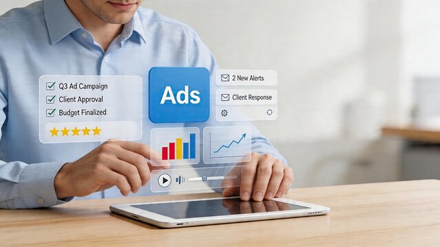 Businessman interacting with holographic digital interface displaying advertising metrics Q3 ad campaign planning client approval process budget finalized status performance