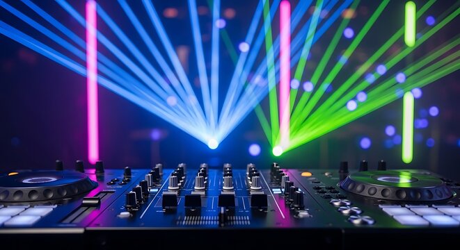 DJ equipment with colorful laser lights creating a vibrant party atmosphere