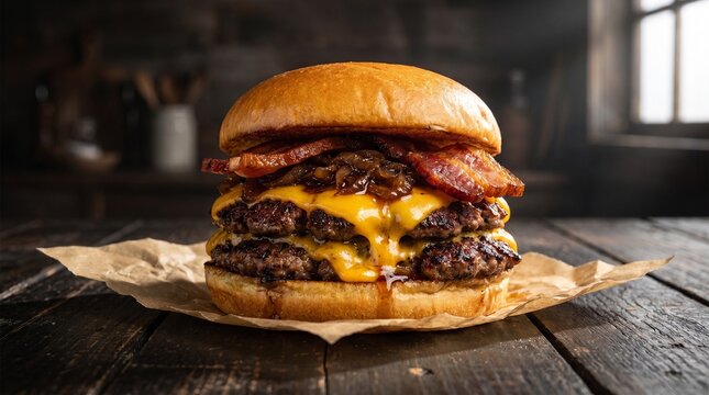 Mouth-watering double bacon smash cheeseburger on rustic wood with dramatic lighting.
