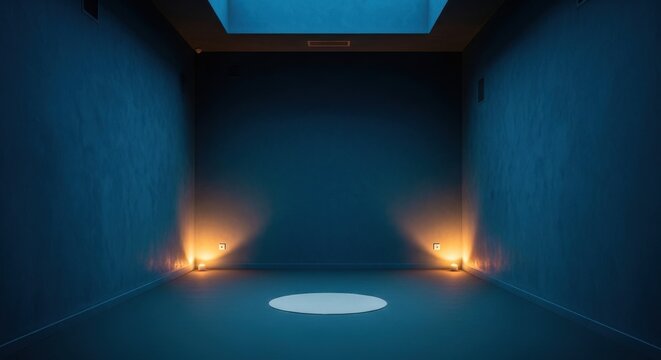 Deep calming blue interior space with subtle uplighting and a central white spotlight on the floor
