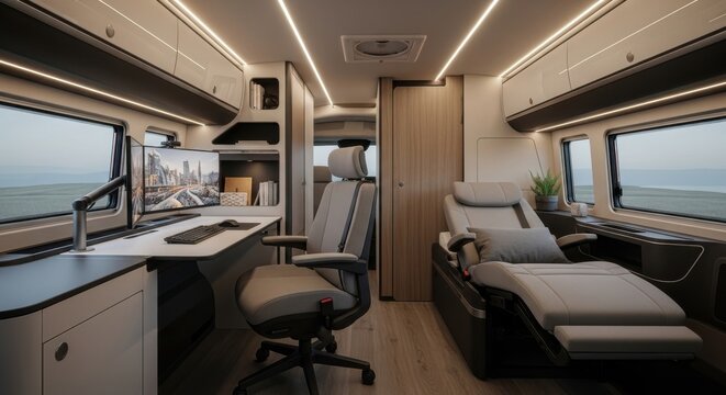 Modern RV Interior Design with Workspace and Comfortable Seating