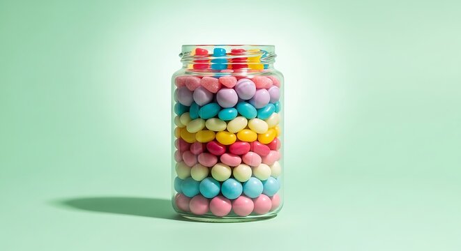 Colorful jelly beans filling a clear glass jar with a light green background