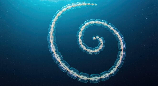 Bioluminescent Pelagic Salp Colony Swimming in Deep Ocean Water