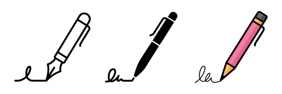 Signature pen icon flat vector illustration with color fill and outline styles symbolizing writing signing and document approval for UI UX and infographic design