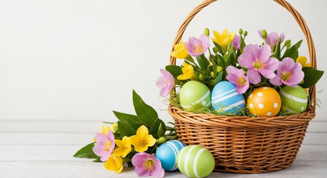 Easter basket with colorful eggs and spring flowers