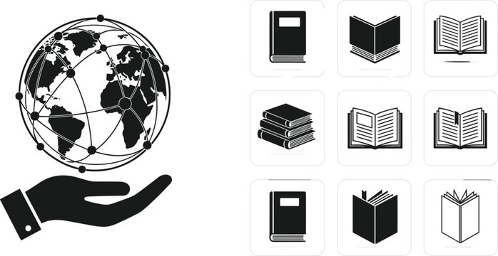 Global Education and Knowledge Icon Set Featuring Books, Learning, and Information Sharing for Educational and Digital Platforms