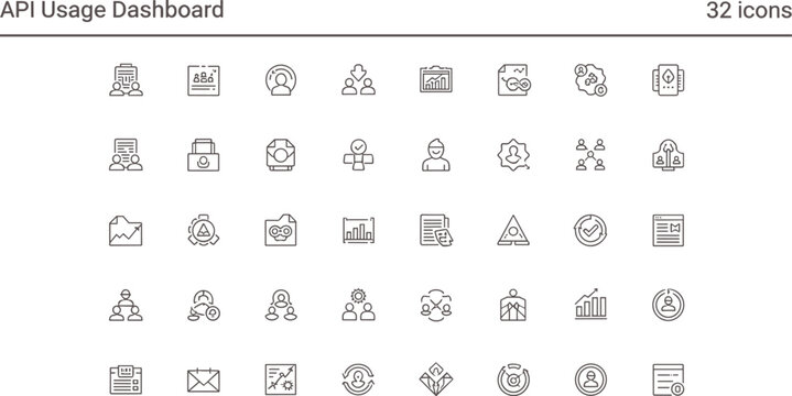 API usage dashboard icon set in minimal outline style for analytics monitoring performance tracking and developer interface applications