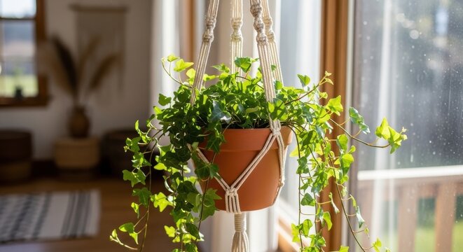 Bohemian macrame plant hanger adorned with lush trailing ivy in a sunlit indoor setting