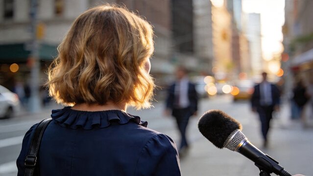 Professional reporter journalist or media interviewee with microphone female newscaster holding equipment at busy street during golden hour urban background city life