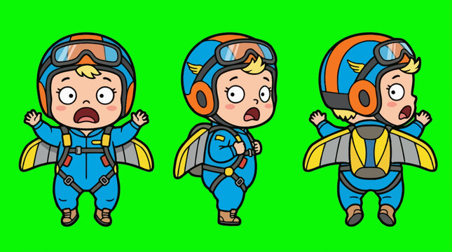 Cartoon Skydiver in Blue Jumpsuit with Open Arms and Wings.