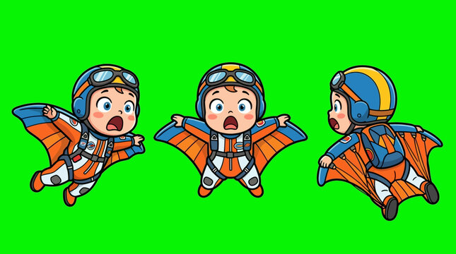 Cartoon Skydivers in Flight with Wingsuits and Goggles on Green Background.