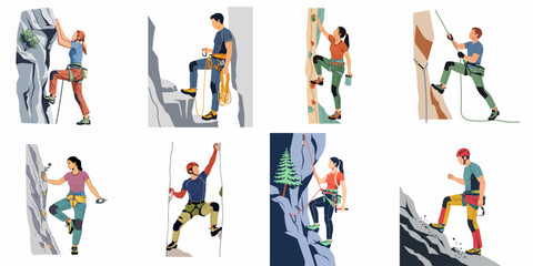 Collection of flat illustrations featuring men and women rock climbing on mountains, cliffs, and indoor walls using professional climbing gear and safety equipment. © Mairiko