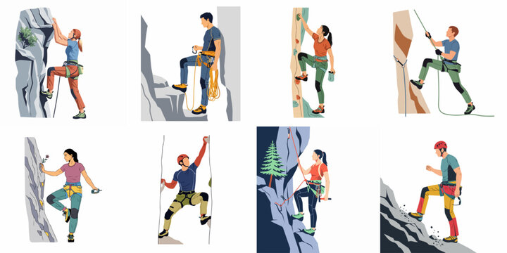 Collection of flat illustrations featuring men and women rock climbing on mountains, cliffs, and indoor walls using professional climbing gear and safety equipment.