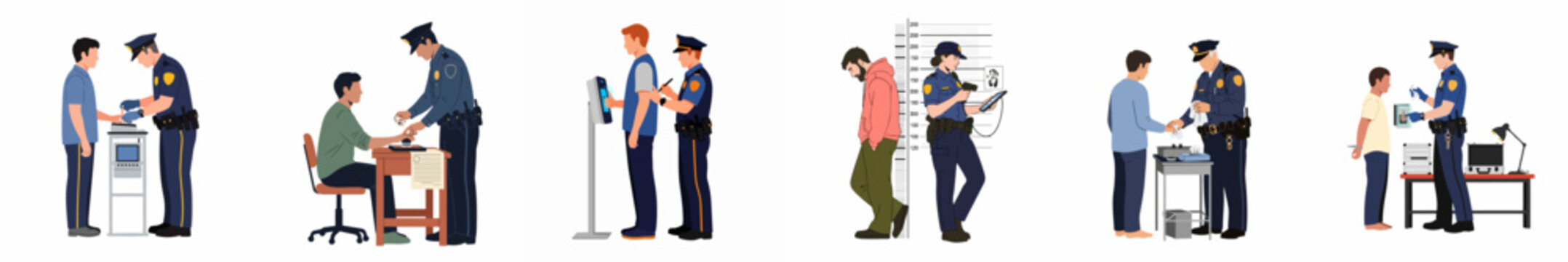 Set of Flat Vector Illustrations Depicting Police Officers Performing Fingerprinting, Biometric Scanning, and Booking Procedures on Suspects.