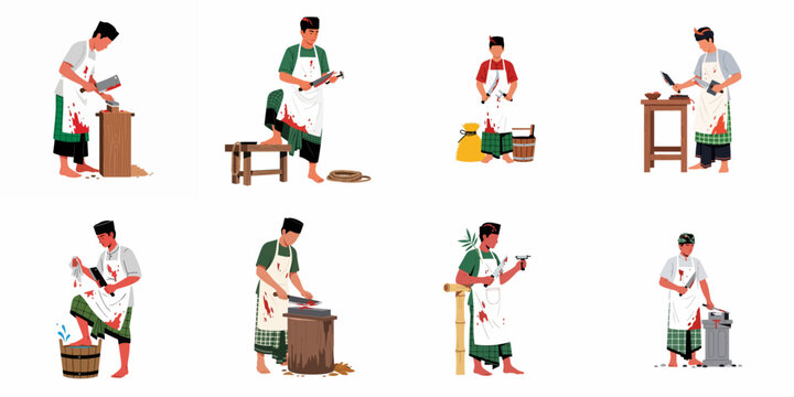 Illustration of Muslim men in traditional attire and blood-stained aprons preparing knives for sacrificial animal slaughter during the Eid al-Adha festival.