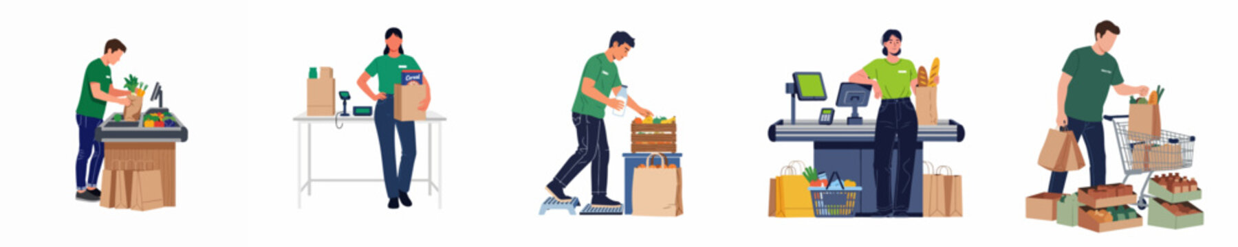Set of supermarket workers and cashiers performing daily grocery store tasks like packing, stocking, and checkout service, isolated on white background.