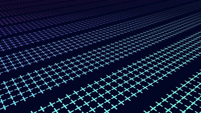 Futuristic abstract footage of repeating cross shapes forming a geometric grid in perspective, with neon yellow to pink gradient on a dark background