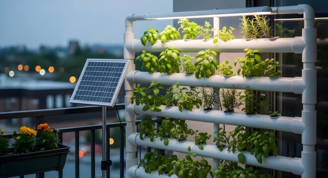 Urban balcony vertical garden featuring solar panel for hydroponics