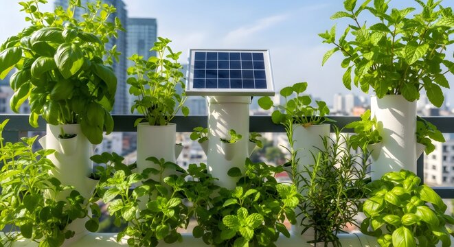 Urban vertical garden growing herbs with solar panel