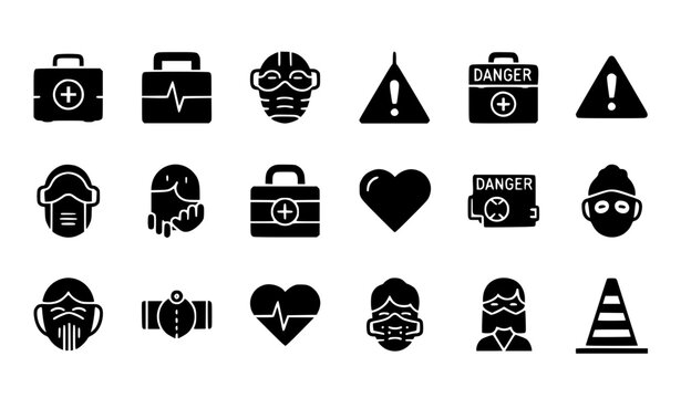 HSE Flat Glyph Icon Set First Aid Mask Danger Vector