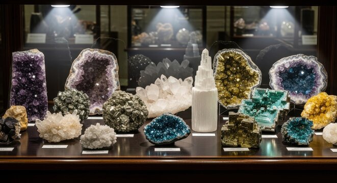 Gleaming Crystal and Mineral Specimens Displayed in a Museum Collection