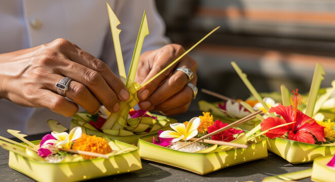 Balinese Hands Crafting Palm Leaf Offerings with Colorful Tropical Flowers