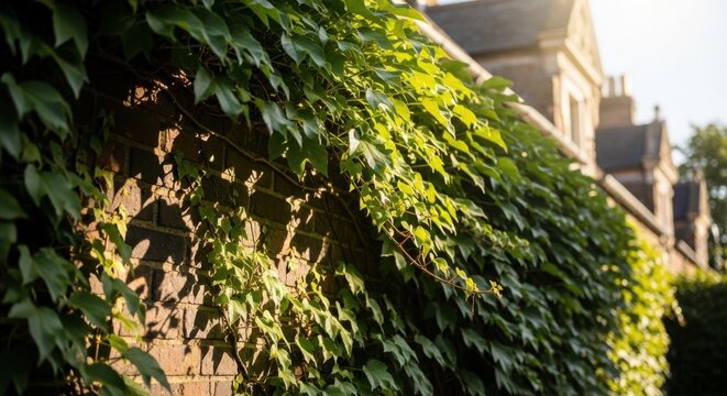 Lush green ivy vines climbing a textured brick wall bathed in dappled sunlight, showcasing natural growth and organic beauty.