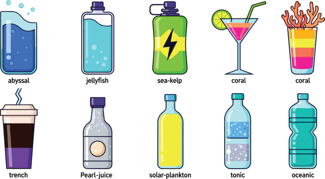 Creative Oceanic and Nautical Themed Beverage Vector Illustration Set Featuring Fantasy Drinks Like Pearl Juice, Abyssal Water, Sea Kelp Energy, and Coral Cocktails
