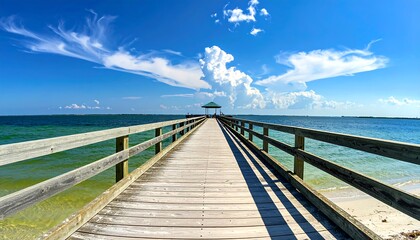 Fototapeta premium A wooden pier extends into vibrant turquoise water under a striking, blue sky dotted with wispy white clouds