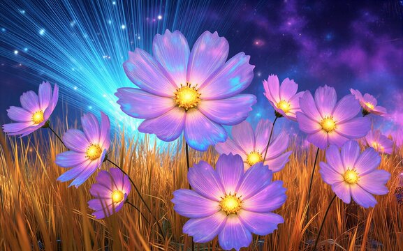 Purple flowers bloom in golden grass under a starry cosmic sky.