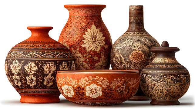 An isolated antique brown earthenware pottery jug and ancient ceramic amphora vase handcrafted from clay, displayed as a traditional decorative object on a white background